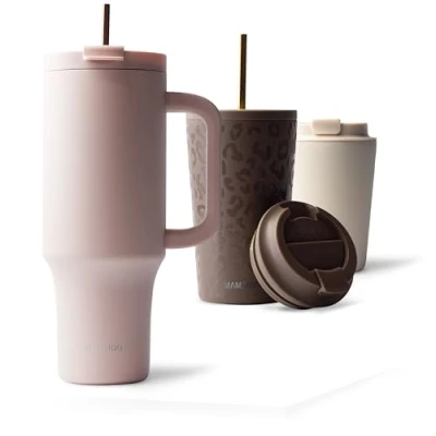Imagen de MAMEIDO Termo Cafe con Pajita y Asa 1200ml Vaso Termico Antigoteo, Taza Termica acero inox sin BPA, para llevar (Blush Kissed, 1,2l)