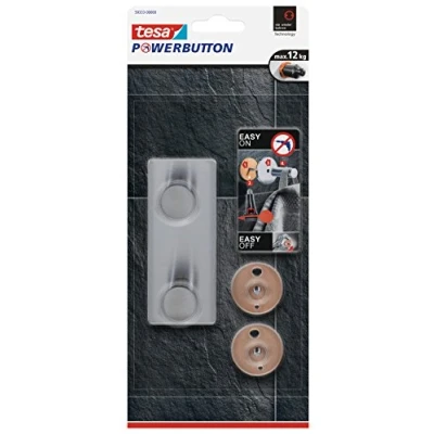 Imagen de tesa Powerbutton Gancho Adhesivo Doble para Pared Montaje sin Taladrar Fijación Extrafuerte con soporte de hasta 12 kg Tecnología 40 x 82 122 mm Acero