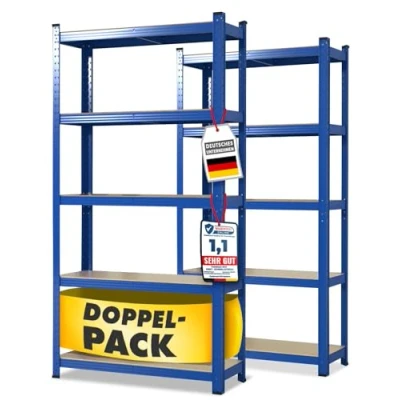 Imagen de Floordirekt Estantería para cargas pesadas, juego de 2 unidades, color azul, 180 x 90 40 cm, sin tornillos, sótano, almacenamiento, taller, banco trabajo, 5 estantes ajustables