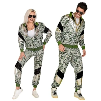 Imagen de W WIDMANN MILANO Party Fashion Disfraz 80s chándal dólar, brilla bajo la luz UV, chaqueta y pantalón, billetes, jogging suit, estilo retro, fiesta de mal gusto, carnaval