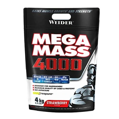 Imagen de Weider Mega Mass 4000 Sabor Fresa (4000 g). 69% de hidratos.Enriquecido Con Vitaminas y Minerales. menos azúcares