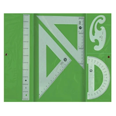 Imagen de Juego escuadra y cartabon 25cm regla 30cm semicirculo 15cm plantilla de curvas liderpapelen petaca opaca color verde