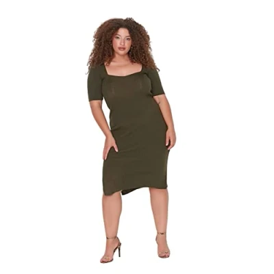 Imagen de Trendyol Midi Bodycon Fitted Plus Size Dress Vestido, Caqui, 4XL para Mujer