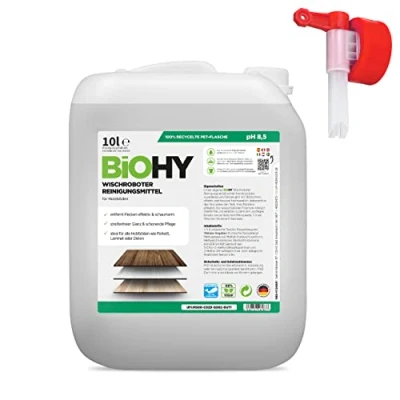 Imagen de BiOHY Detergente robot de limpieza (Bidón 10 litros) + Grifo Salida Limpiador para los suelos madera parquet y laminado Concentrado con fragancia fresca (Wischroboter Holz)