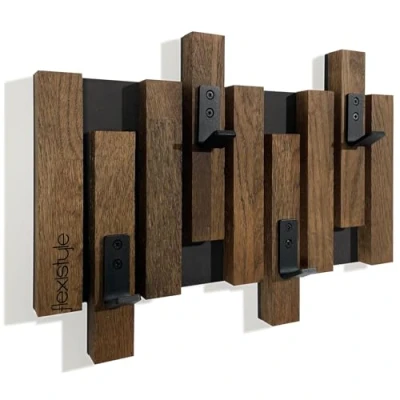 Imagen de Perchero de pared madera roble, con paneles lamas, color negro, moderno, natural, 2 dimensiones (40 cm, marrón)