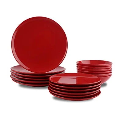 Imagen de Amazon Basics Vajilla de gres para 6 personas, color Rojo intenso, 18 piezas