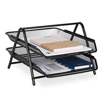 Imagen de Relaxdays Bandeja Documentos 2 Niveles, Organizador Oficina A4, Malla Metal, Cesto Cartas, Negro, Acero, 20,5 x 30 35,5 cm Aprox