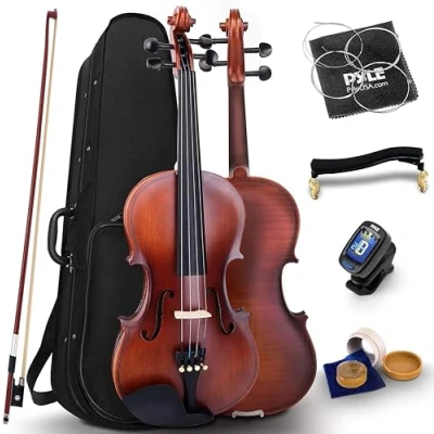 Imagen de Pyle violin 4/4, Set para principiante y niños, Con estuche, Paño de limpieza, Reposabrazos ergonomico, Afinador digital, Cuerdas adicionales