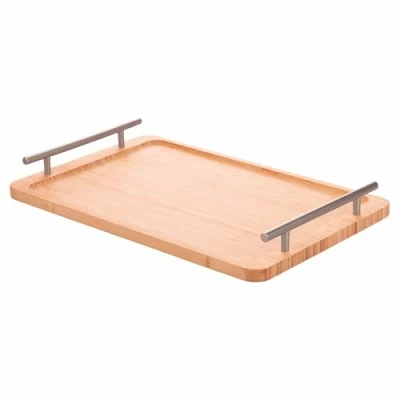 Imagen de Bandeja Rectangular de bambú, 40 x 25 cm, Asas Plateadas, Natural
