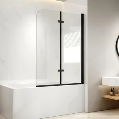 Imagen de EMKE mampara de ducha para bañera, 110 x 140 cm, color negro, accesorio 2 piezas, plegable, plegable 6 mm, cristal seguridad