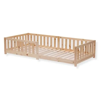Imagen de ecoMI cama infantil con protección contra caídas y somier, 90 x 200 cm, natural, de suelo Montessori, madera maciza pino para individual (natural, cm)