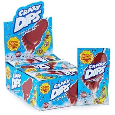 Imagen de Chupa Chups Crazy Dips cola Juego de 24 piruletas con forma pie polvo ducha y efecto crujiente, sabor a cola, x 14 g