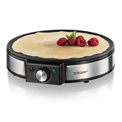 Imagen de Cloer 6630 Crepera eléctrica, para crepas dulces o saladas con 30 cm Ø, 1200 vatios, revestimiento antiadherente, Incl. esparcidor de masa madera y volteador