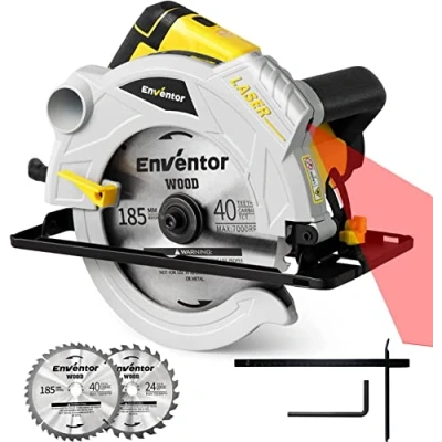 Imagen de ENVENTOR Sierra Circular 1500W, de Mano 5500RPM, Guía Láser, Motor Cobre Puro, 2 Hojas 24T+40T(Ø185mmx20mm), Corte 65mm(90)/43mm(45), Ideal para Cortar Madera