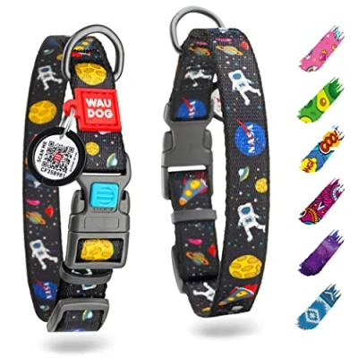 Imagen de collar de perro ajustable para perros pequeños, nailon con etiqueta identificación QR medianos, hombre y mujer (NASA, 9.75x13.75 pulgadas)