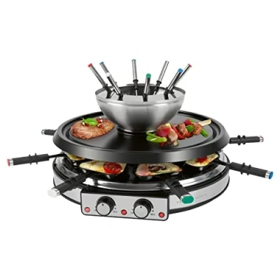 Imagen de ProfiCook Juego de fondue para 8 personas, 2 en 1, parrilla eléctrica raclette con espátula, tenedores piedra natural, también queso y chocolate, RG/FD 1245