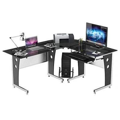 Imagen de HOMCOM Mesa Esquinera PC Escritorio Ordenador Oficina Dormitorio Hogar Escuela Metal Madera Vidrio de Seguridad