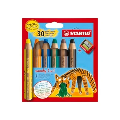 Imagen de STABILO Lápiz de color, acuarela y cera woody 3 en 1 Edición 30 aniversario Tigre Estuche con 6 colores sacapuntas