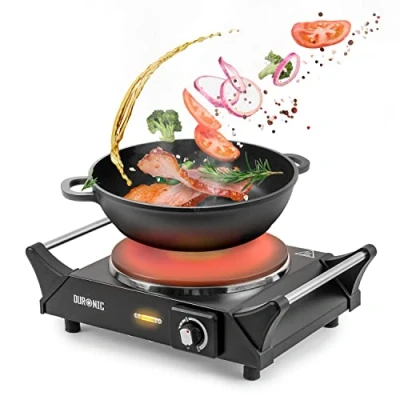 Imagen de Duronic HP1 BK Hornillo eléctrico de camping 1500 W Cocina portátil acero con 1 placa eléctrica hierro fundido Asas transporte Temperatura ajustable exterior
