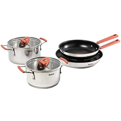 Imagen de Tefal Optispace Juego de 2 Sartenes y Ollas: 24/28 cm, Ollas 18/20 cm acero inoxidable, tapas planas, Thermospot, asas toque frío, todo tipo cocinas