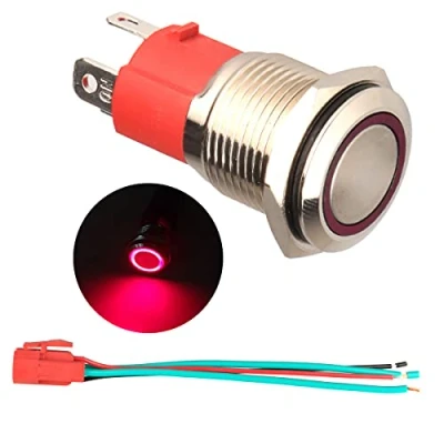 Imagen de GUUZI Pulsador Momentáneo de 12V 24V/15A, sin luz LED Roja Impermeable, Arranque Metal 19mm con Cable Enchufe