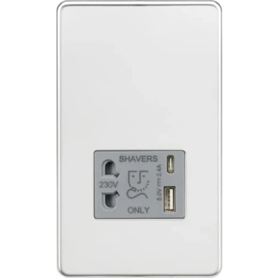 Imagen de Knightsbridge Enchufe de afeitadora sin tornillos con doble USB A+C (5 V CC 2.4 A compartido), cromo pulido inserto gris