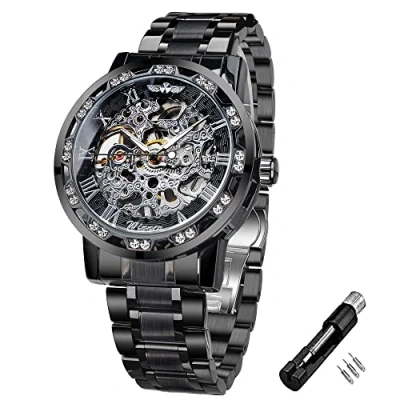 Imagen de Winner reloj de pulsera Mecánico manual retro con diamantes y flores talladas para hombre, clásico números romanos, NegroPlateado,
