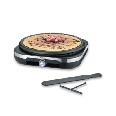 Imagen de SEVERIN crepera eléctrica, profesional para crepes dulces y salados, con plancha grande extraíble de 38 cm, aprox. 1500 W, acero inoxidable cepillado/negro, CM 2199