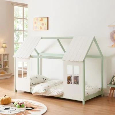 Imagen de [en.casa] Cama Infantil Tostedt para Niños y Niñas en Forma de Casa con Ventanas Techo Somier máx. 150 kg Montessori 90 x 200 cm Madera Pino Verde Menta/Blanco