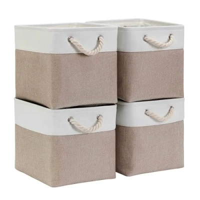 Imagen de Mangata Cajas de Almacenaje, Cestas Almacenaje Tela para Ropa, Armarios, Estantes, Juguetes, 28x28x28 cm (Plegable, 4X, Blanco Caqui Claro)