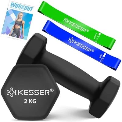 Imagen de KESSER® Juego de 2 mancuernas kg 5 kg, neopreno, hexágono, entrenamiento fuerza, entrenamiento, fitness, para casa con cuaderno ejercicios, bandas fitness