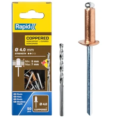 Imagen de Rapid Remaches de Aluminio con Recubrimiento Cobre, Ø4 x 10 mm para Canalones, Tuberías y Chapa Metálica Incluye Taladro 50 Unids., Embalaje Cartón (5001462)