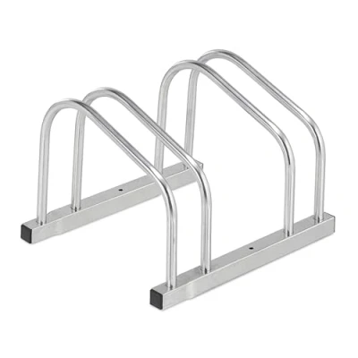 Imagen de Relaxdays Soporte Bicicletas Suelo para 2 Bicis, Neumáticos hasta 50 mm, Metálico, Garaje, Aparcabicicletas, Plateado, Acero, 26 x 38.5 33.5 cm