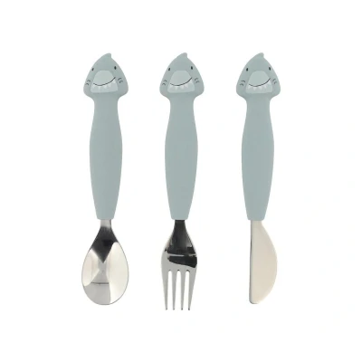 Imagen de Trixie Juego de cubiertos silicona y acero inoxidable para bebés niños, 3 piezas (tenedor, cuchara cuchillo) Mr. Tiburón