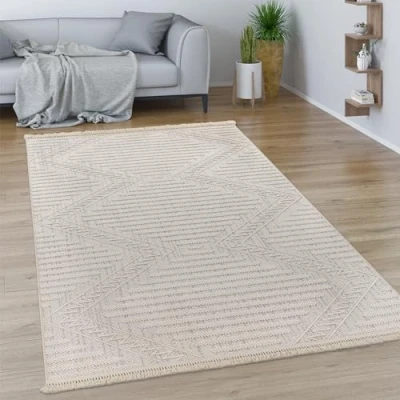 Imagen de Alfombra Salon De Habitacion Pelo Corto Motivo Boho Chic Dibujo Geometrico con Flecos, tamaño:160x230 cm, Color:Crema 6