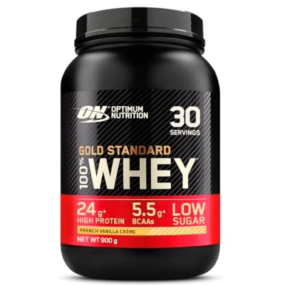 Imagen de Optimum Nutrition Gold Standard 100% Whey, Proteína en Polvo para Recuperacíon y Desarrollo Muscular con Glutamina Natural Aminoácidos BCAA, Sabor Crema de Vainilla Francesa, 900 g