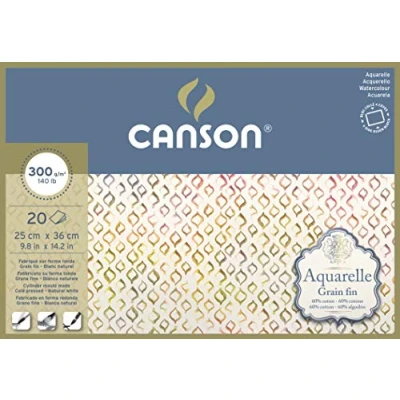 Imagen de Canson Aquarelle Bloc Encolado a 4 Lados, 25 x 36 cm, 20 Hojas, 60% Algodón, Grano Fino, 300 g
