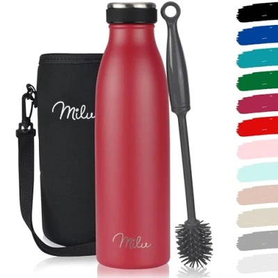 Imagen de Milu botella de acero inoxidable 350, 500, 750, 1000ml, termo, agua aislada, termo a prueba fugas, apta para ácido carbónico, incluye cepillo limpieza (rojo 500 ml)