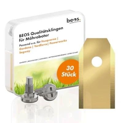 Imagen de BEOS® Cuchillas de Recambio 30 Premium Titan + Tornillos para Las Marcas Husqvarna, Gardena, Yard Force, McCulloch, Powerworks un Placer Corte Duradero