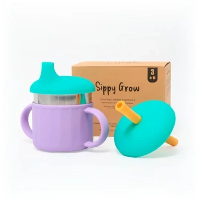 Imagen de Sippy Grow de Lil·loh Vaso bebé 3 en 1 con boquilla, pajita y taza abierta Acero inoxidable asas evolutivo Sin BPA no tóxico 6 meses+ aprendizaje infantil