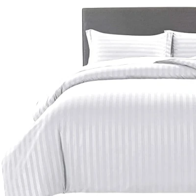 Imagen de MOONLIGHT20015 juego de edredón tamaño King, funda suave con rayas blancas y 2 fundas almohada (blanco, King)
