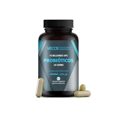 Imagen de Probióticos Liofilizados Vecos de Alta Resistencia (75 billones UFC) 15 cepas Bacterianas para el Cuidado la Flora Intestinal 60 cápsulas Vegetales Gastrorresistentes 100% Vegano
