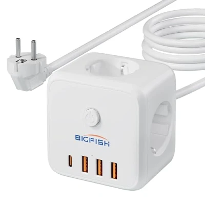 Imagen de Bigfish 3 M Cubo Ladrón Enchufe, Regleta USB Tomas de AC y 4 (3A+1C) Enchufe Múltiple, Enchufes Protección Sobretensión, Múltiple con Interruptor para Mesa, Oficina, Casa