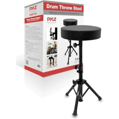 Imagen de Pyle Taburete bateria, Acolchado, para musicos, Plegable, Asiento Ajustable en Altura, cojin Redondo, Guitarra, Tambor, Teclado, pies de Goma, Antideslizantes