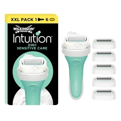 Imagen de Wilkinson Sword Intuition Sensitive Care Pack XXL Cuchillas de Afeitar para Mujer Incluye 1 Maquinilla + 6 Recambios con Bandas