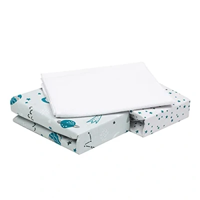 Imagen de FlyIdeas Juego 3 Pza 2 Sabanas Bajeras para Cuna 120x60 cm con Esquinas Engomadas y 1 Protector Colchon Impermeable en 100% Puro Algodon Cert. Suave Transpirable, Hecho in EU