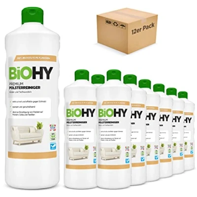 Imagen de BiOHY Limpiador de Tapicerías Premium (12 botellas 1 litro) Concentrado para muebles tapizados, sofás, alfombras y textiles quitamanchas que disuelven el olor (Premium Polster)