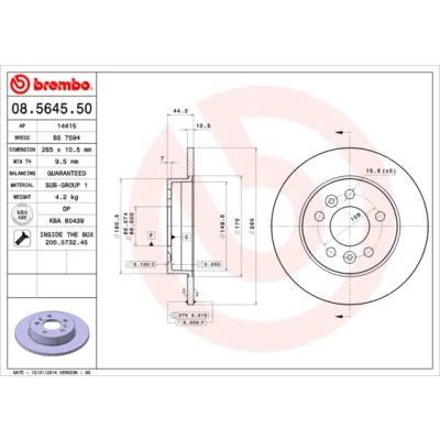 Imagen de BREMBO 08.5645.50 Disco de freno 265 10,5 5 macizo con tornillos RENAULT: LAGUNA 1, 1 Grandtour, SAFRANE 2