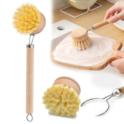 Imagen de Cepillo de Madera Calidad con 2 Cabezales Recambio, Cepillos para Fregar Platos Bambú Limpieza del Hogar Lavar Ollas, Sartenes, y Cubiertos Intercambiable/Cabezal repues