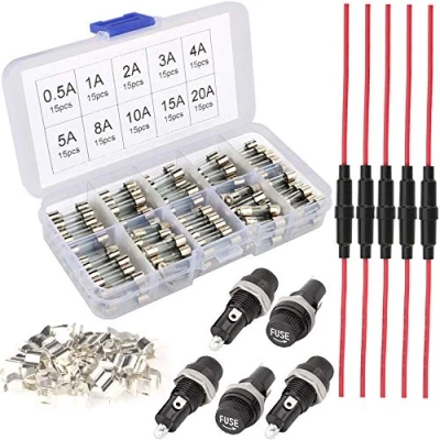 Imagen de Gebildet 150pcs 5x20mm Fusible de Tubo Vidrio Rápido Soplo + 5pcs AGC InlineTipo Tornillo Portafusibles con 16 AWG Alambre Panel Montaje +30pcs Asiento